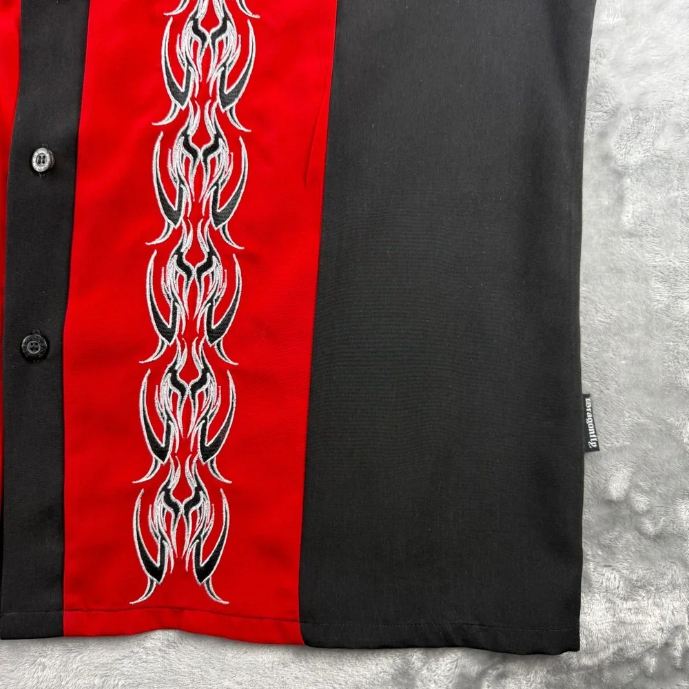 Vintage Dragonfly Clothing Co Tribal Flame Bowling Shirt Black Red XXL Y2K Biker